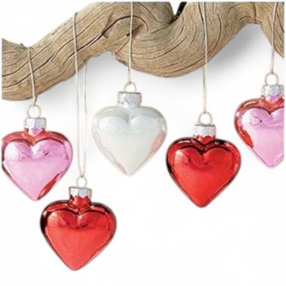 Set of 12 2" Blown Glass Red White Pink Shiny Hearts Christmas Tree Ornaments - Picture 4 of 8